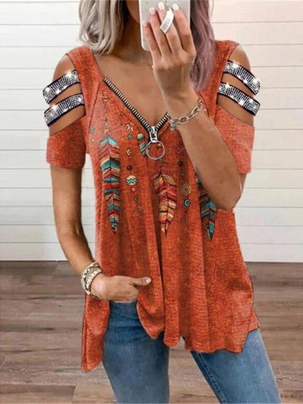 V Neck Zipper Pullover Positioning Print Short Sleeve Loose T-Shirt Women Tops - Stormyjay