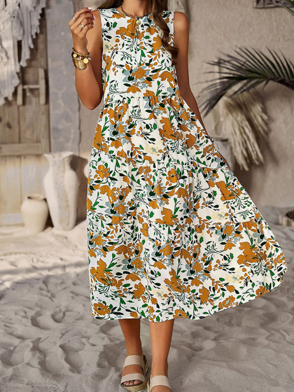 Spring and summer halter neck loose holiday multi-layer print dress - Stormyjay