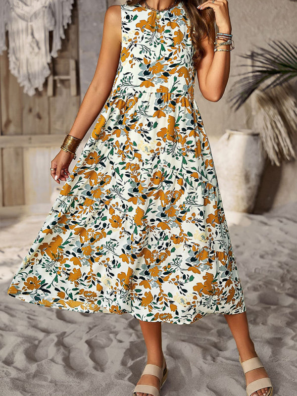 Spring and summer halter neck loose holiday multi-layer print dress - Stormyjay