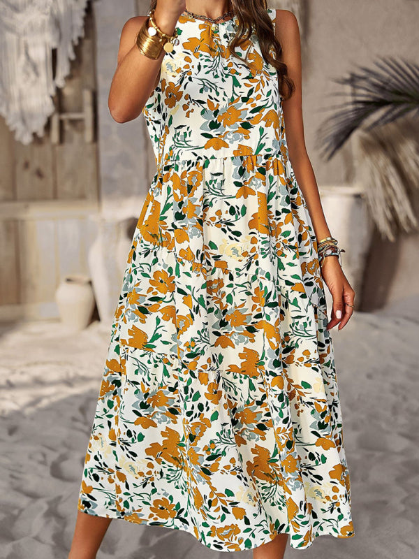 Spring and summer halter neck loose holiday multi-layer print dress - Stormyjay