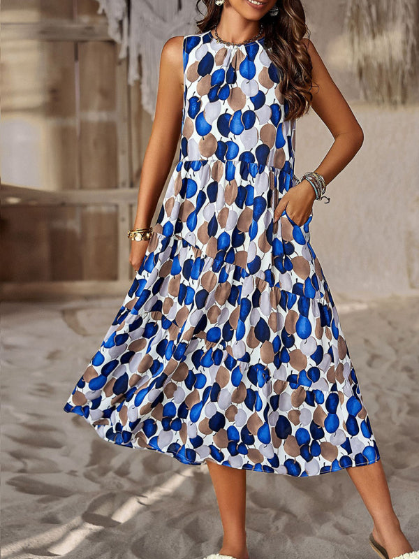 Spring and summer halter neck loose holiday multi-layer print dress - Stormyjay