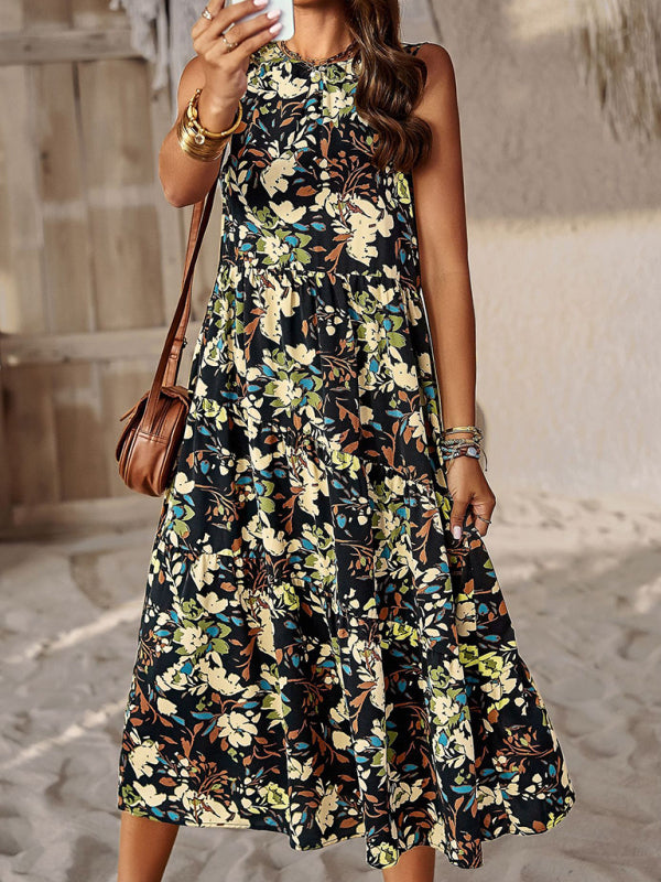 Spring and summer halter neck loose holiday multi-layer print dress - Stormyjay