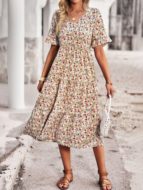 Elegant V-neck short-sleeved holiday dress - Stormyjay
