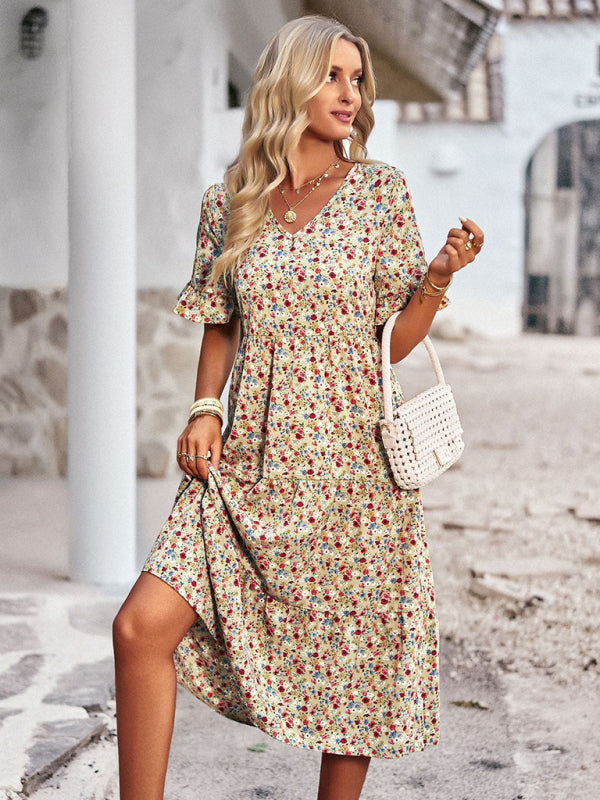 Elegant V-neck short-sleeved holiday dress - Stormyjay