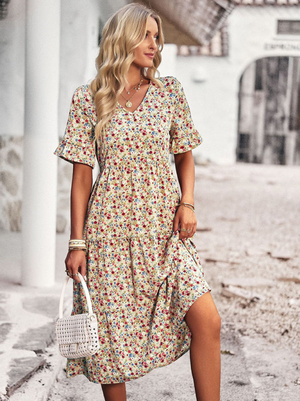 Elegant V-neck short-sleeved holiday dress - Stormyjay
