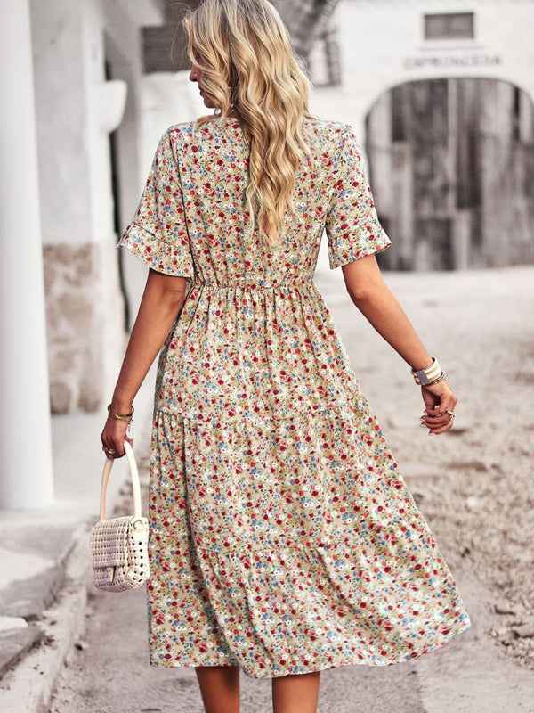 Elegant V-neck short-sleeved holiday dress - Stormyjay