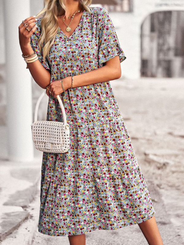 Elegant V-neck short-sleeved holiday dress - Stormyjay