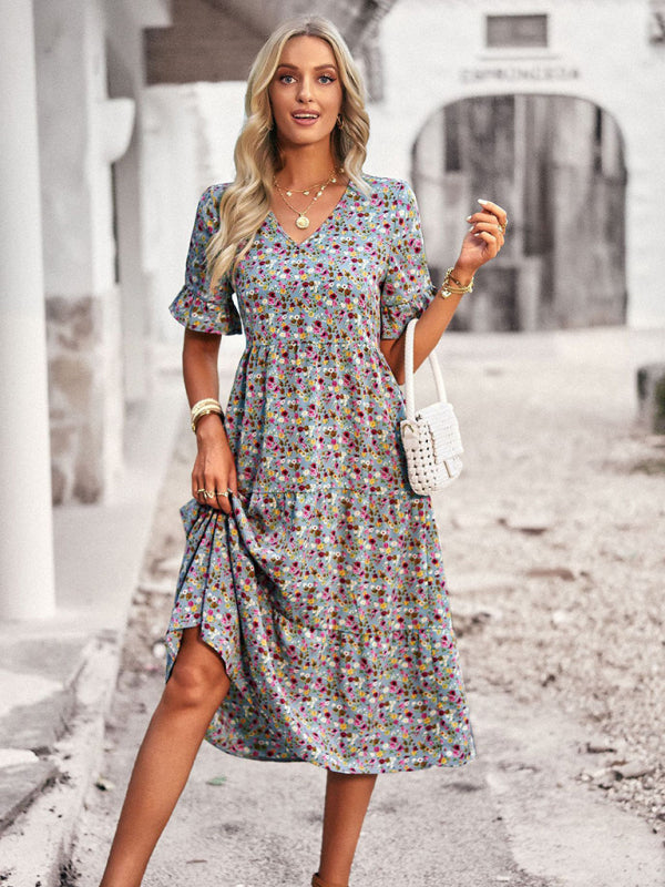 Elegant V-neck short-sleeved holiday dress - Stormyjay