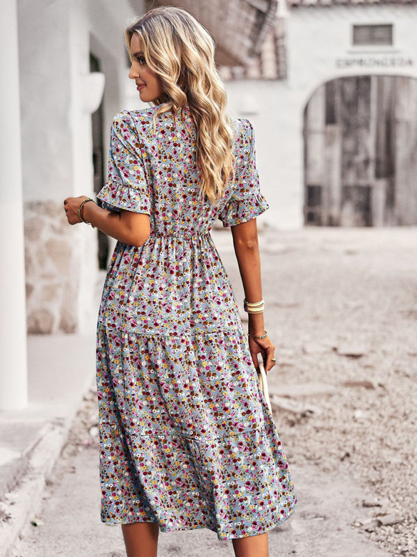 Elegant V-neck short-sleeved holiday dress - Stormyjay