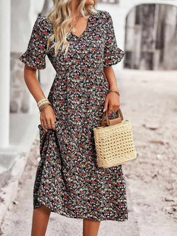 Elegant V-neck short-sleeved holiday dress - Stormyjay