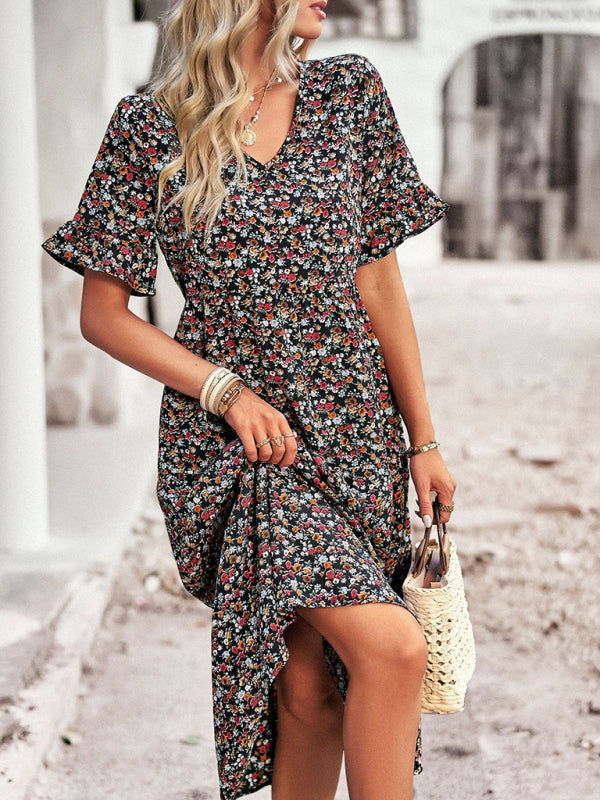 Elegant V-neck short-sleeved holiday dress - Stormyjay