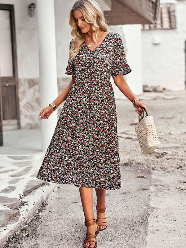 Elegant V-neck short-sleeved holiday dress - Stormyjay