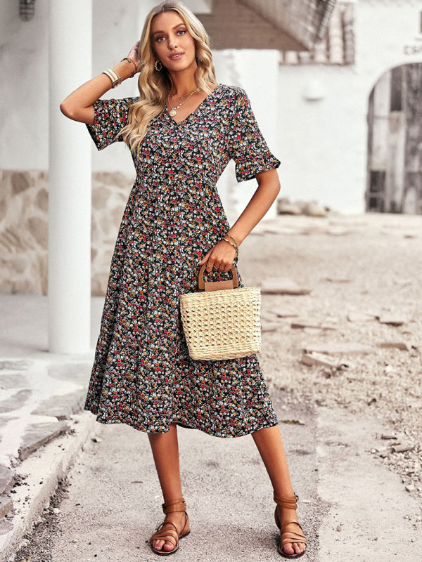 Elegant V-neck short-sleeved holiday dress - Stormyjay