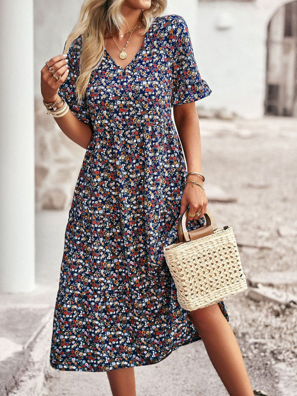 Elegant V-neck short-sleeved holiday dress - Stormyjay