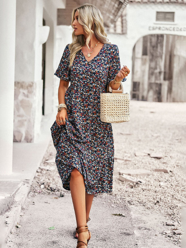 Elegant V-neck short-sleeved holiday dress - Stormyjay