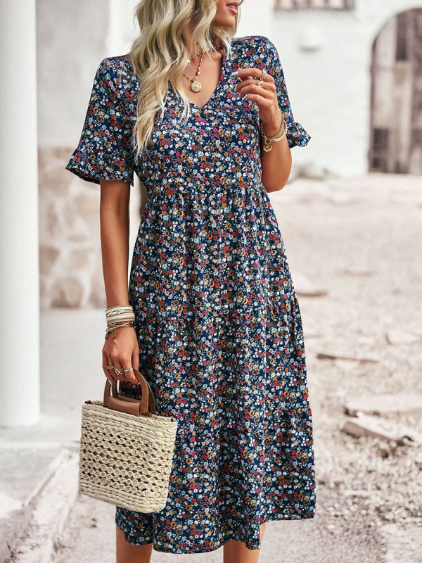 Elegant V-neck short-sleeved holiday dress - Stormyjay