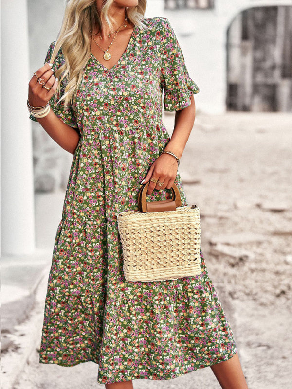 Elegant V-neck short-sleeved holiday dress - Stormyjay