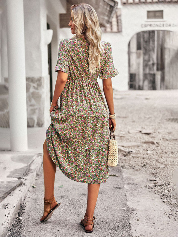 Elegant V-neck short-sleeved holiday dress - Stormyjay