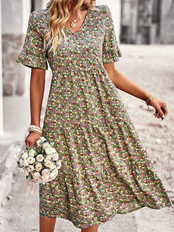 Elegant V-neck short-sleeved holiday dress - Stormyjay