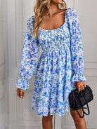 Bohemian print stretch elastic square neck long-sleeved dress - Stormyjay