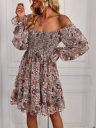 Bohemian print stretch elastic square neck long-sleeved dress - Stormyjay