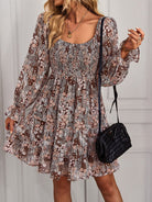 Bohemian print stretch elastic square neck long-sleeved dress - Stormyjay