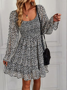 Bohemian print stretch elastic square neck long-sleeved dress - Stormyjay