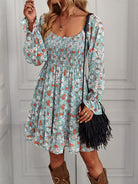 Bohemian print stretch elastic square neck long-sleeved dress - Stormyjay