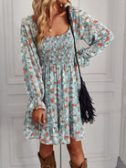 Bohemian print stretch elastic square neck long-sleeved dress - Stormyjay