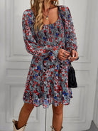 Bohemian print stretch elastic square neck long-sleeved dress - Stormyjay