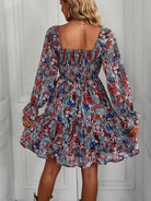 Bohemian print stretch elastic square neck long-sleeved dress - Stormyjay