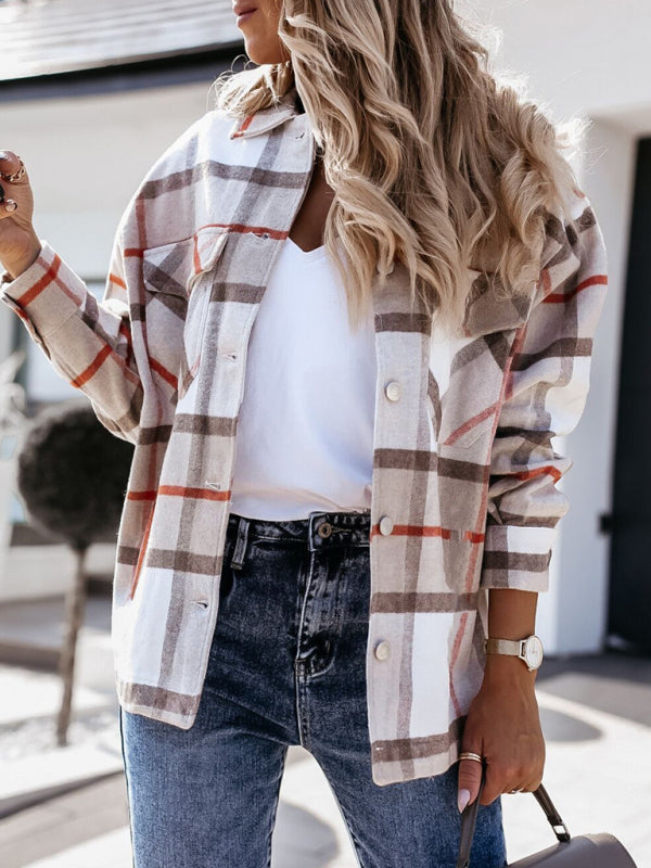 Women's autumn and winter long-sleeved loose wool plaid shirt coat - Stormyjay