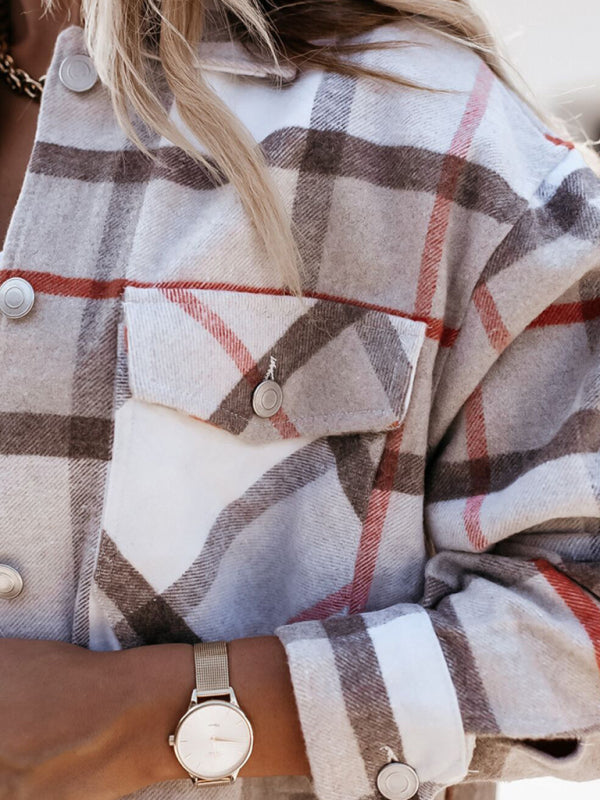 Women's autumn and winter long-sleeved loose wool plaid shirt coat - Stormyjay