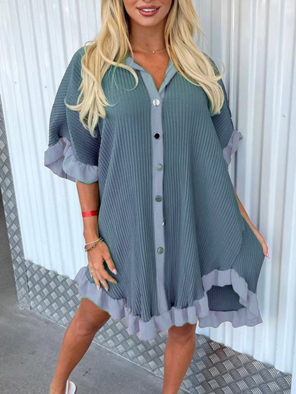 New Solid Color Shirt Dress Ruffle Sleeve Irregular Shirt Dress - Stormyjay