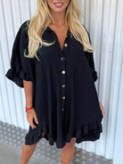 New Solid Color Shirt Dress Ruffle Sleeve Irregular Shirt Dress - Stormyjay