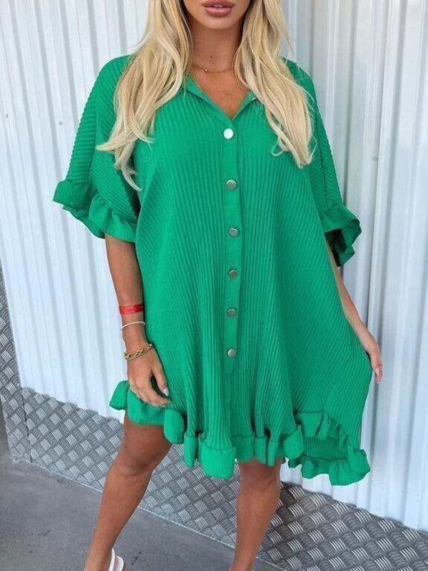 New Solid Color Shirt Dress Ruffle Sleeve Irregular Shirt Dress - Stormyjay