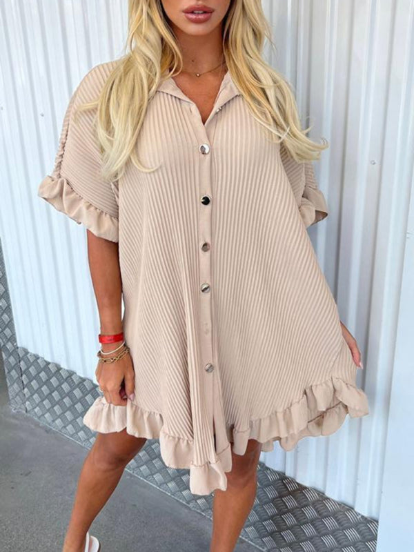 New Solid Color Shirt Dress Ruffle Sleeve Irregular Shirt Dress - Stormyjay