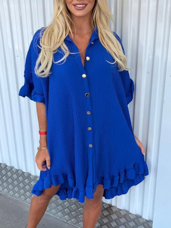 New Solid Color Shirt Dress Ruffle Sleeve Irregular Shirt Dress - Stormyjay