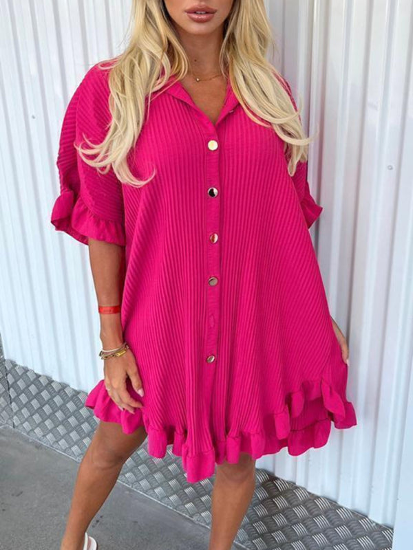 New Solid Color Shirt Dress Ruffle Sleeve Irregular Shirt Dress - Stormyjay