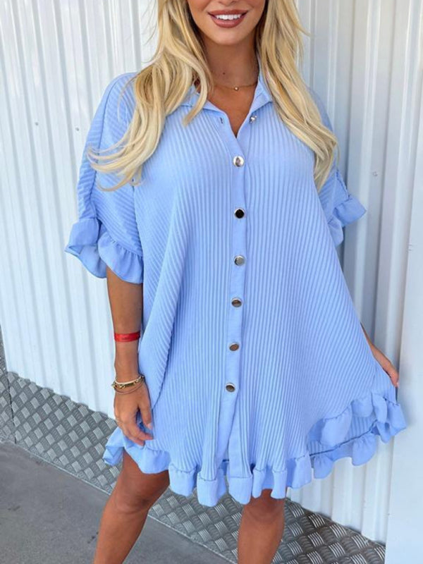 New Solid Color Shirt Dress Ruffle Sleeve Irregular Shirt Dress - Stormyjay