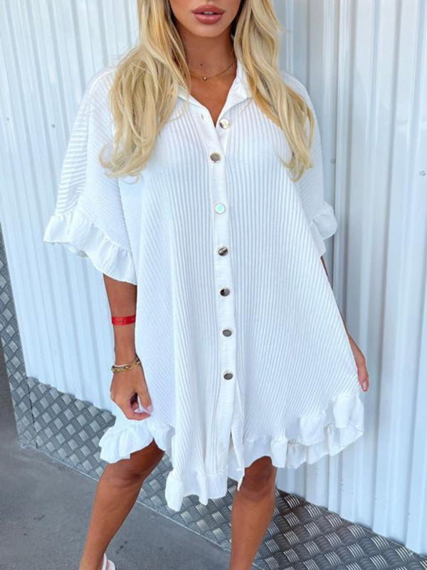 New Solid Color Shirt Dress Ruffle Sleeve Irregular Shirt Dress - Stormyjay