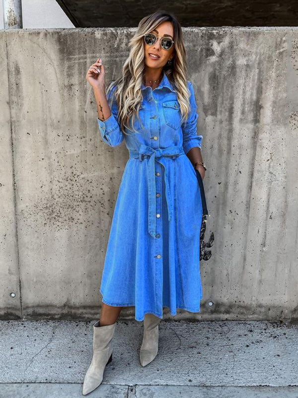 Denim Casual High Waist Pocket Lapel Dress - Stormyjay