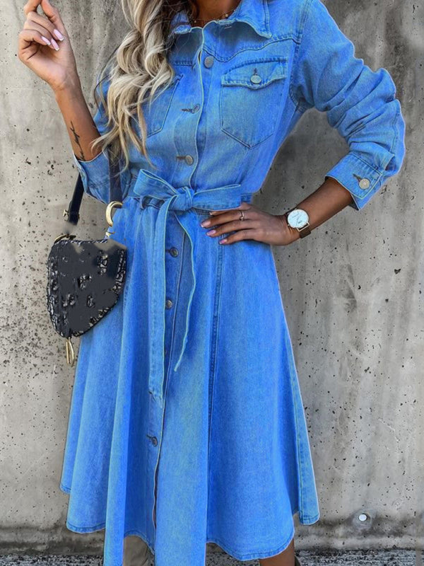 Denim Casual High Waist Pocket Lapel Dress - Stormyjay