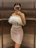 High Waist Sexy Sequin Dress One Shoulder Feather Dress Short Skirt - Stormyjay