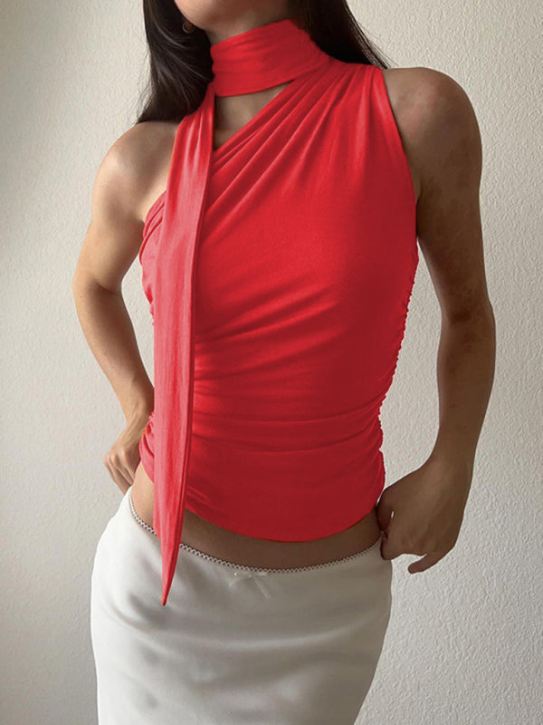 Casual all-match slim-fit one-shoulder streamer design solid color sleeveless vest top - Stormyjay