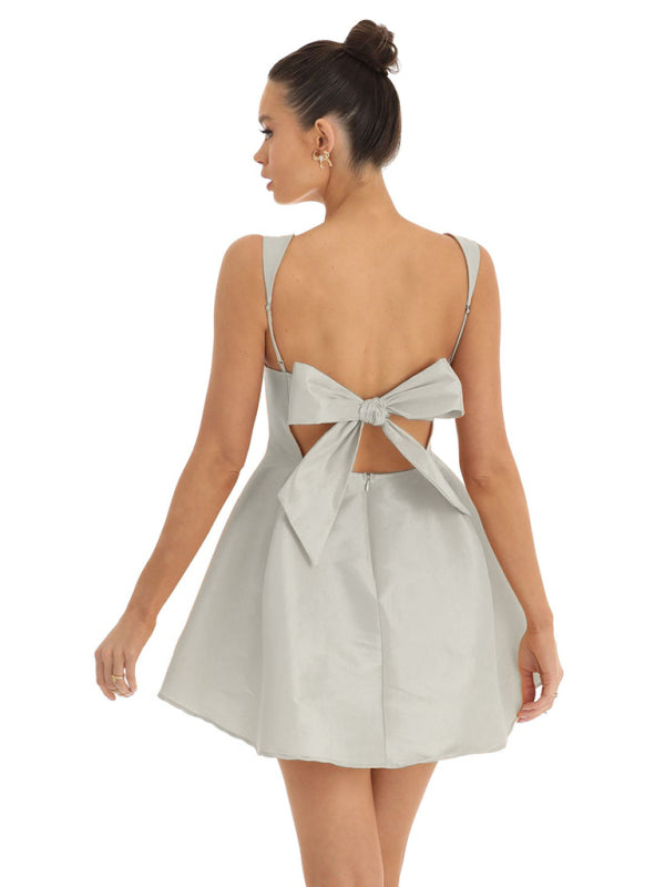 Square Neck Neck Waist Bow Knot Sling Swing Dress - Stormyjay