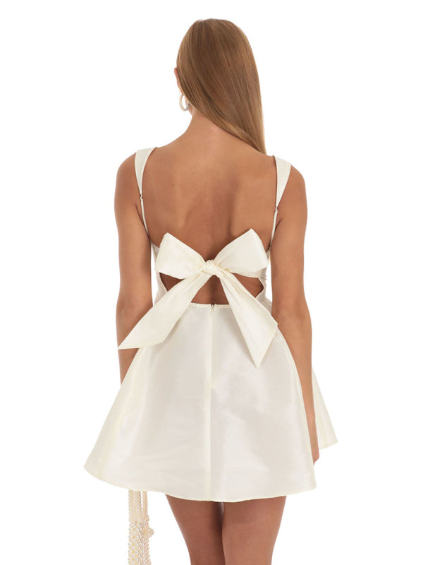 Square Neck Neck Waist Bow Knot Sling Swing Dress - Stormyjay