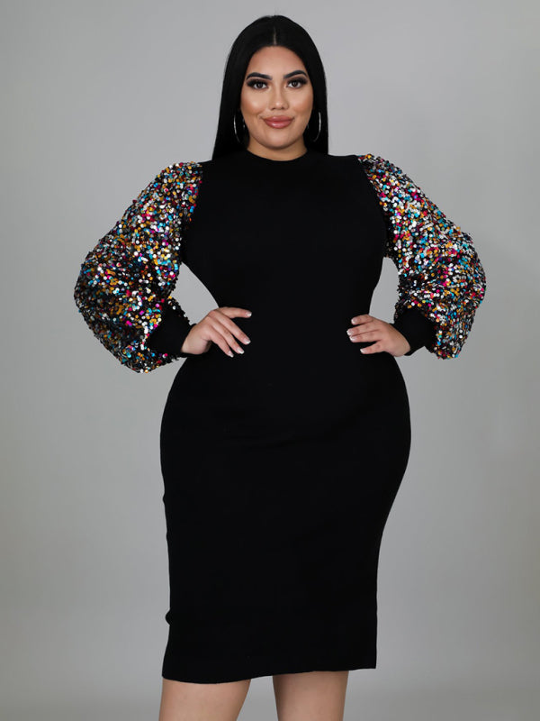 New Plus Size Ladies Sexy Solid Color Sequin Puff Sleeve Dress - Stormyjay