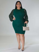 New Plus Size Ladies Sexy Solid Color Sequin Puff Sleeve Dress - Stormyjay