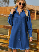 New Retro Washed Denim Loose Casual Long Sleeve Raw Edge Dress - Stormyjay